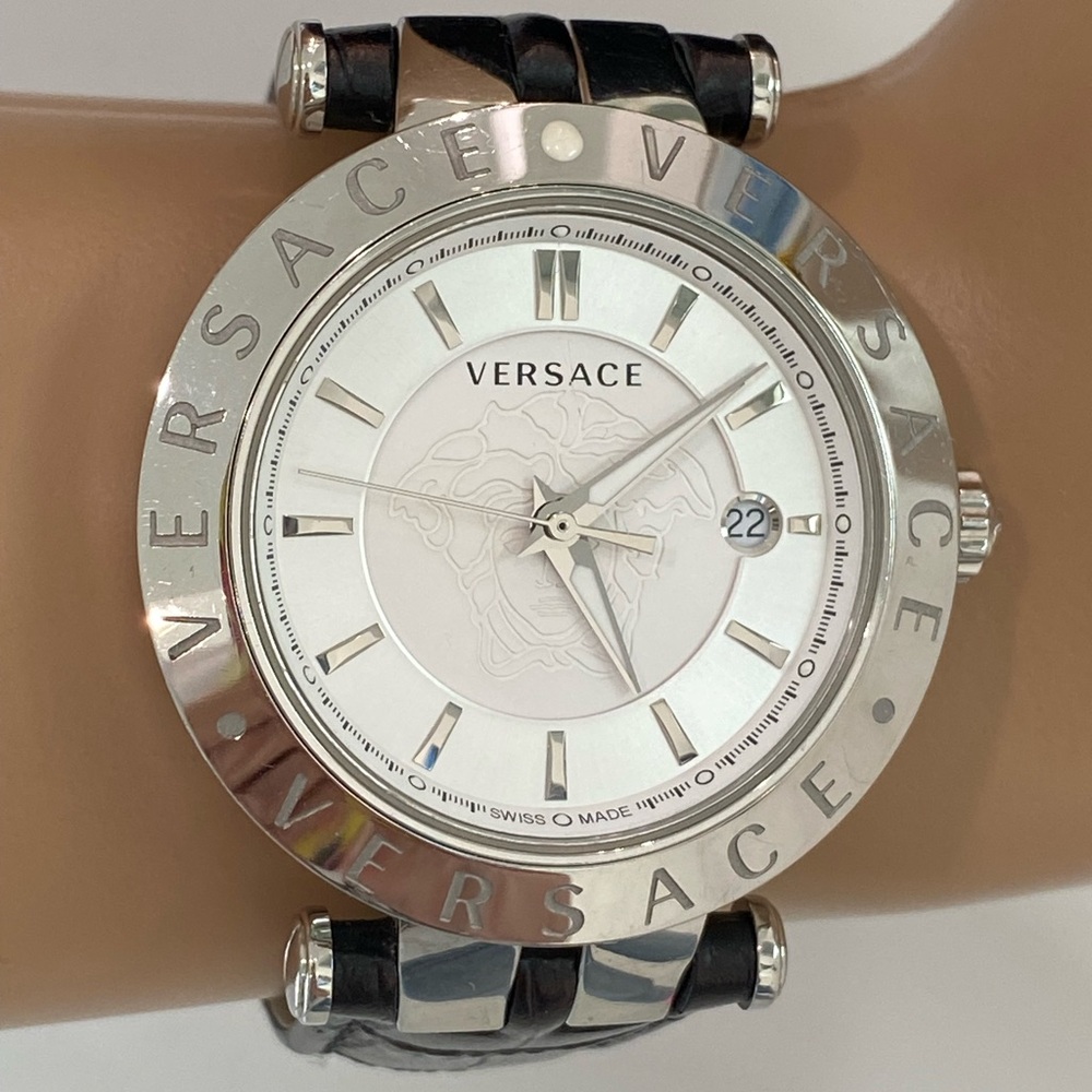 VERSACE Silver UNISEX Watch with Black Leather Alligator Strap